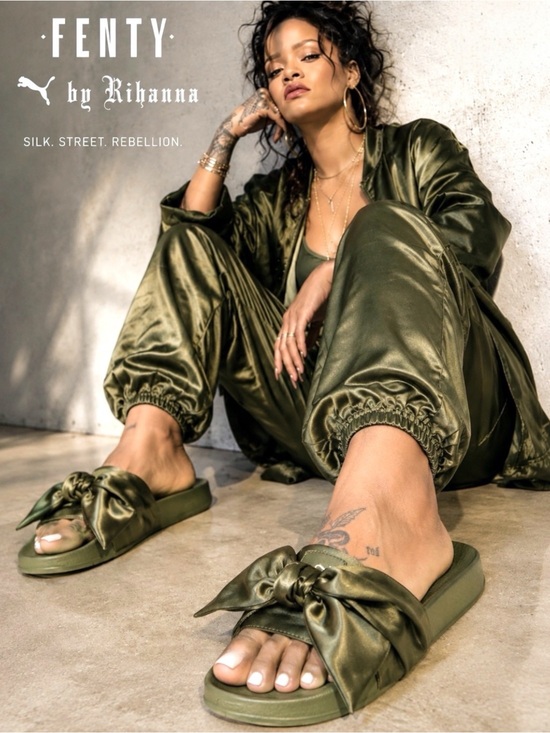 PUMA x FENTY by Rihanna Shoes - PUMA x FENTY by Rihanna Olive Green Satin Bow Slide Sandals | Women’s US 6